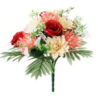 Kunstbloemen boeket roos/dahlia - rood/zalm - H36 cm - Bloemstuk - Bladgroen