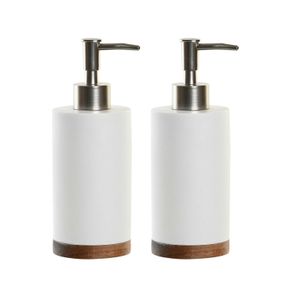 2x stuks zeeppompje/dispenser wit keramiek/acaciahout 7 x 19 cm