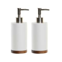 2x stuks zeeppompje/dispenser wit keramiek/acaciahout 7 x 19 cm