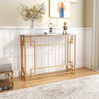 Consoletafel van 110 cm Smalle Toegangstafel met Geometrisch Verguld Frame en Wit Blad van Imitatiemarmer Bijzettafel met Kantelbeveiliging
