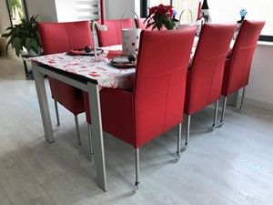 Set van 6 leren eetkamerstoelen - met wieltjes en hoge rug - rood leer - Echt leer, Modern, ontdek de vele Leersoorten en Kleuren bij ShopX