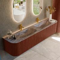 Badmeubel Mondiaz Kurve-Dlux | 200 cm | Meubelkleur Ruby | Wastafelkleur Oza | Solid surface | Wasbak beide zijden spoelbak | 2 kraangaten