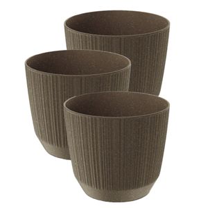 3x stuks moderne carf-stripe plantenpot/bloempot kunststof dia 13 cm/hoogte 11 cm eco/aarde bruin