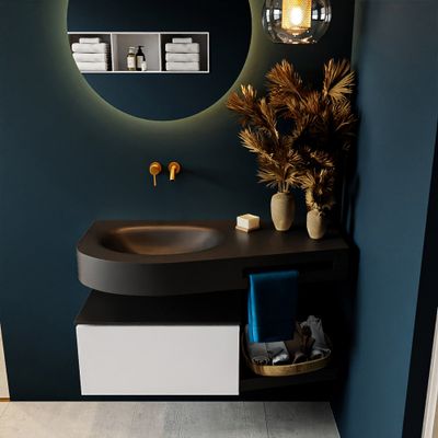 MONDIAZ RIVA 100cm badmeubel onderkast / planchet kleur Talc met 1 lade. Wastafel DULCET links 0 kraangaten kleur Urban.