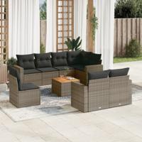 9-delige Loungeset met kussens poly rattan grijs