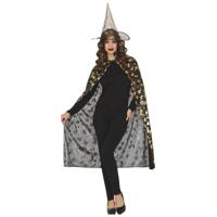 Heksen verkleed setje volwassenen - hoed en cape - zwart/goud - Halloween/carnaval verkleed set