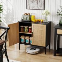 Rieten Sideboard met 3-voudig Verstelbare Plank & 2 Deuren Boho Buffet Accentkast Zwart