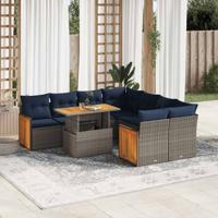 9-delige Loungeset met kussens poly rattan acacia grijs