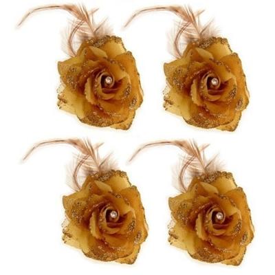 Haarbloem met veertjes - goud - 4x stuks - elastiek en klem Haarbloem met veertjes - goud - 4x stuks - elastiek en klem