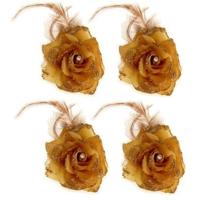 Haarbloem met veertjes - goud - 4x stuks - elastiek en klem