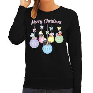 Foute Kersttrui/sweater voor dames - kerstballen - zwart/pastel - kerstpoesjes - Merry Christmas