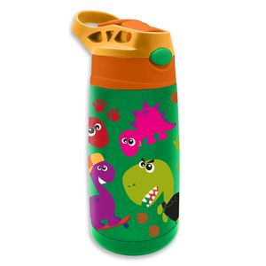 Crazy Dino drinkfles/drinkbeker/bidon met drinktuitje - groen - RVS - 400 ml   -