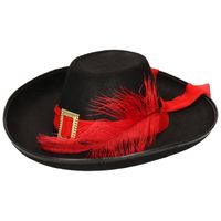 Piraten kapitein carnaval verkleed hoed zwart en rode veer - Verkleedhoofddeksels - thumbnail