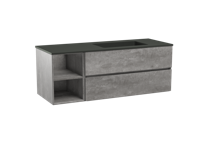 Storke Edge zwevend badmeubel 140 x 52 cm beton donkergrijs met Scuro asymmetrisch rechtse wastafel in mat kwarts