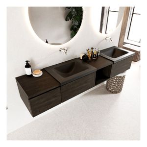 Mondiaz Bukla 200cm badmeubel met open module 40 rechts dark brown 3 lades met wastafel dubbel zonder kraangat kleur urban