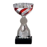 Luxe trofee/prijs beker - zilver - rode lijnen - kunststof - 19 x 10 cm - sportprijs   -