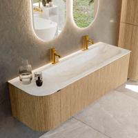 Badmeubel Mondiaz Kurve-Dlux | 145 cm | Meubelkleur Oak | Wastafelkleur Ostra | Solid surface | Rechts spoelbak | 2 kraangaten