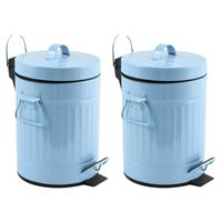 Prullenbak/pedaalemmer - 2x - Industrial - metaal - pastel blauw - 3 liter - 17 x 26 cm - Badkamer/t