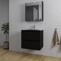 Saniclass Chaci Badkamermeubelset - 60x46x55cm - keramische wastafel zwart - 1 wasbak - 1 kraangat - 2 lades - spiegelkast - mat zwart SW1212760/SW1212815/SW812071/SW761654