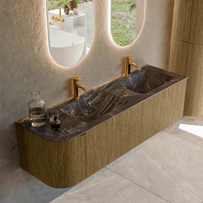 Badmeubel Mondiaz Kurve-Dlux | 155 cm cm | Meubelkleur Dusk | Wastafelkleur Lava | Solid surface | Dubbel / Rechts spoelbak | 2 kraangaten