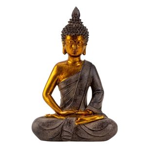 Boeddha beeldje zittend - binnen/buiten - kunststeen - betongrijs/goud - 26 x 17 cm - Beeldjes