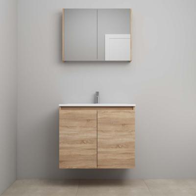 On-Line Badkamermeubelset - 80 cm - Voorgemonteerd - Greeploos 2 Deuren - Acryl Wastafel - 1 Kraangat - Spiegelkast - Eiken