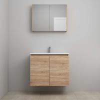 On-Line Badkamermeubelset - 80 cm - Voorgemonteerd - Greeploos 2 Deuren - Acryl Wastafel - 1 Kraangat - Spiegelkast - Eiken