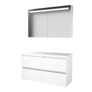 Basic-Line Premium 46 badkamermeubelset - 120x46cm - greeploos - 4 lades - wastafelblad - Spiegelkast - geintegreerde LED verlichting - MDF lak Ice White 1813543