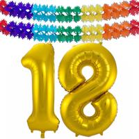 Folie ballonnen - Leeftijd cijfer 18 - goud - 86 cm - en 2x feestslingers - verjaardag versiering