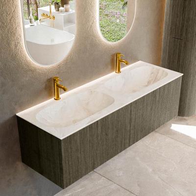 Badmeubel Mondiaz Kurve-Dlux | 140 cm cm | Meubelkleur Shadow | Wastafelkleur Frappe | Solid surface | Wasbak beiden zijden spoelbak | 2 kraangaten