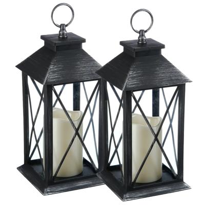 Tuin lantaarn - 2x - grijs - kunststof/glas - 14 x 14 x 28 cm - buiten