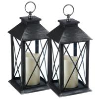 Tuin lantaarn - 2x - grijs - kunststof/glas - 14 x 14 x 28 cm - buiten