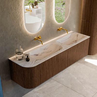 Badmeubel Mondiaz Kurve-Dlux | 165 cm | Meubelkleur Walnut | Wastafelkleur Nata | Solid surface | Dubbel / Rechts spoelbak | Zonder kraangat(en)