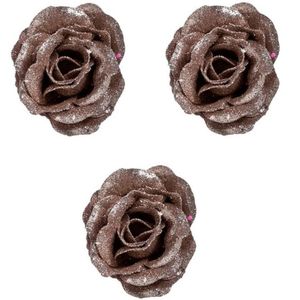 4x Oud roze roos met glitters bloemen op clip 7 cm - kerstversiering