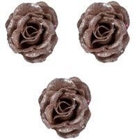 4x Oud roze roos met glitters bloemen op clip 7 cm - kerstversiering