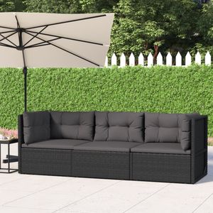 3-delige Loungeset met kussens poly rattan zwart