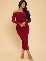 Apricot Off Shoulder Ruched Mesh Bodycon Prom Party Dress Burgundy / M
