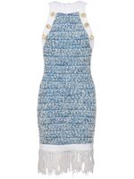 Balmain robe courte en tweed à franges - Bleu