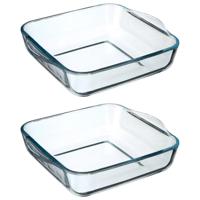 Ovenschaal vierkant - 2x - Transparant - Geglazuurd glas - 22 x 22 x 6 cm
