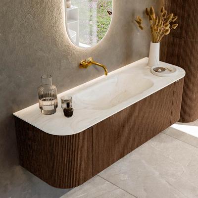 Badmeubel Mondiaz Kurve-Dlux | 140 cm | Meubelkleur Walnut | Wastafelkleur Ostra | Solid surface | Midden spoelbak | Zonder kraangat(en)