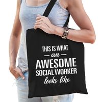 Awesome social worker / geweldige maatschapelijk werker cadeau tas zwart voor dames en heren - thumbnail