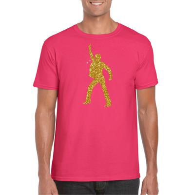 Disco verkleed t-shirt - voor heren - roze - gouden glitter - jaren 70/80 - kleding