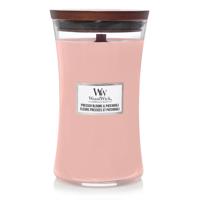 WoodWick Geurkaars Large Pressed Blooms & Patchouli - 18 cm / ø 10 cm - Geurkaars in Glas - Houten Lont