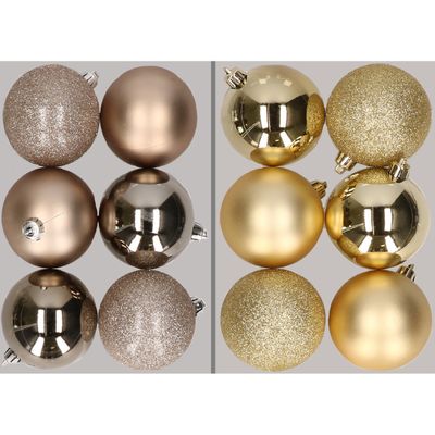 12x stuks kunststof kerstballen mix van champagne en goud 8 cm