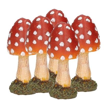 Paddenstoel/vliegenzwam decoratie beeldje - 5x - polystone - voor binnen/buiten - 4 x 4 x 8 cm