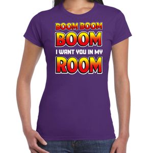 Foute party t-shirt voor dames - Boom boom boom i want you in my room - paars - carnaval/themafeest