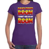 Foute party t-shirt voor dames - Boom boom boom i want you in my room - paars - carnaval/themafeest