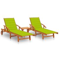 Ligstoelen 2 st met tafel en kussens massief acaciahout