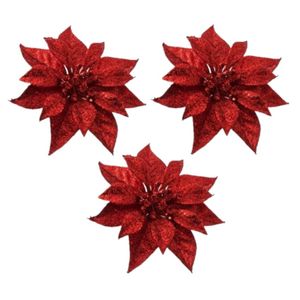 4x Kerstboomversiering bloemen op clip rode kerstster 18 cm