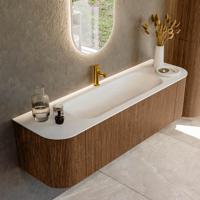 Mondiaz KURVE 160 cm Onderkast Greeploos 1 Lade Met Deuren Walnut, Wastafel Solid Surface Midden Talc 1 Kraangat Zonder Spiegel (KRVBGM160L+R1L2D1KM-Wal/Tal)